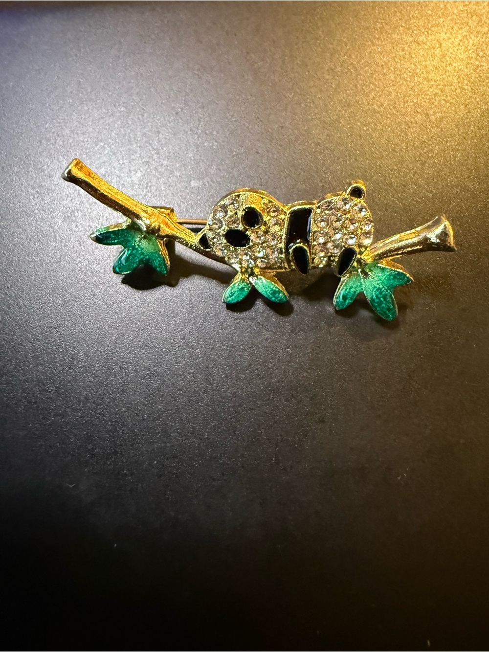 Gold-tone Panda on Branch Brooch with Green Leaves